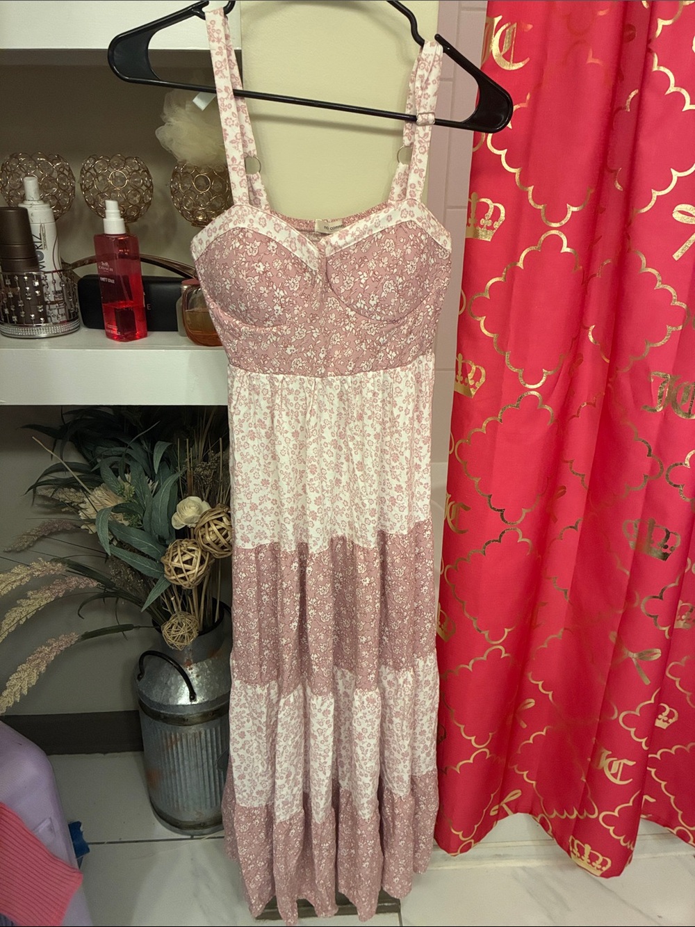Dusty Rose and Cream Floral Tiered Maxi Dress with Sweetheart Neckline